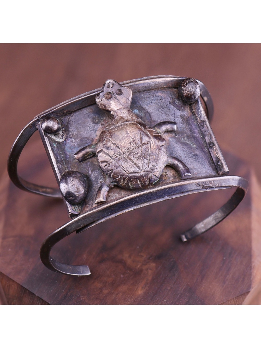 Vintage OOAK Brutalist Sterling Native American Style Turtle Cuff Bracelet 6"